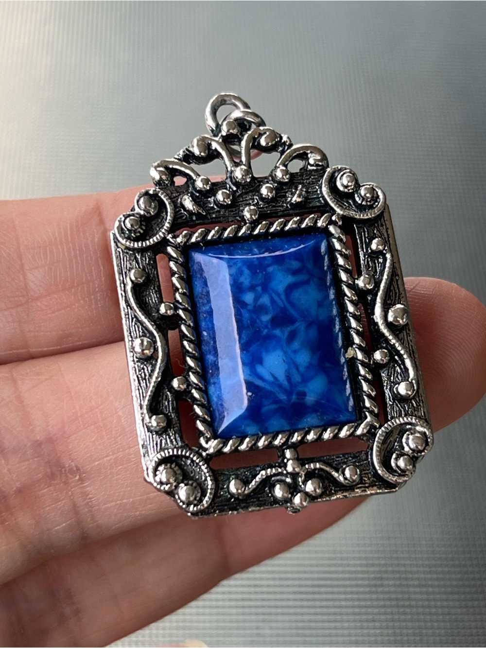 Vintage Silver-Tone Rectangle Cobalt Blue Faux Lapis Filigree Pendant